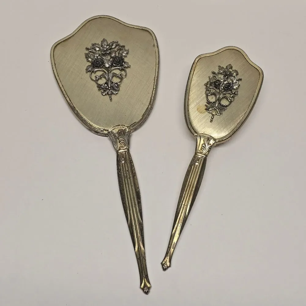 Matson Fifth Avenue Ormolu Metal Hand Mirror & Brush Hollywood Regency Vintage